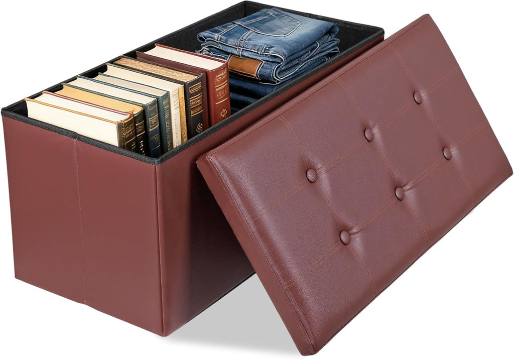 Nouva 30 Inches Ottoman Storage Bench, Folding Design Chest Faux Leather Ottomans Footrest for Bedroom Living Room Office,Entryway, Brown