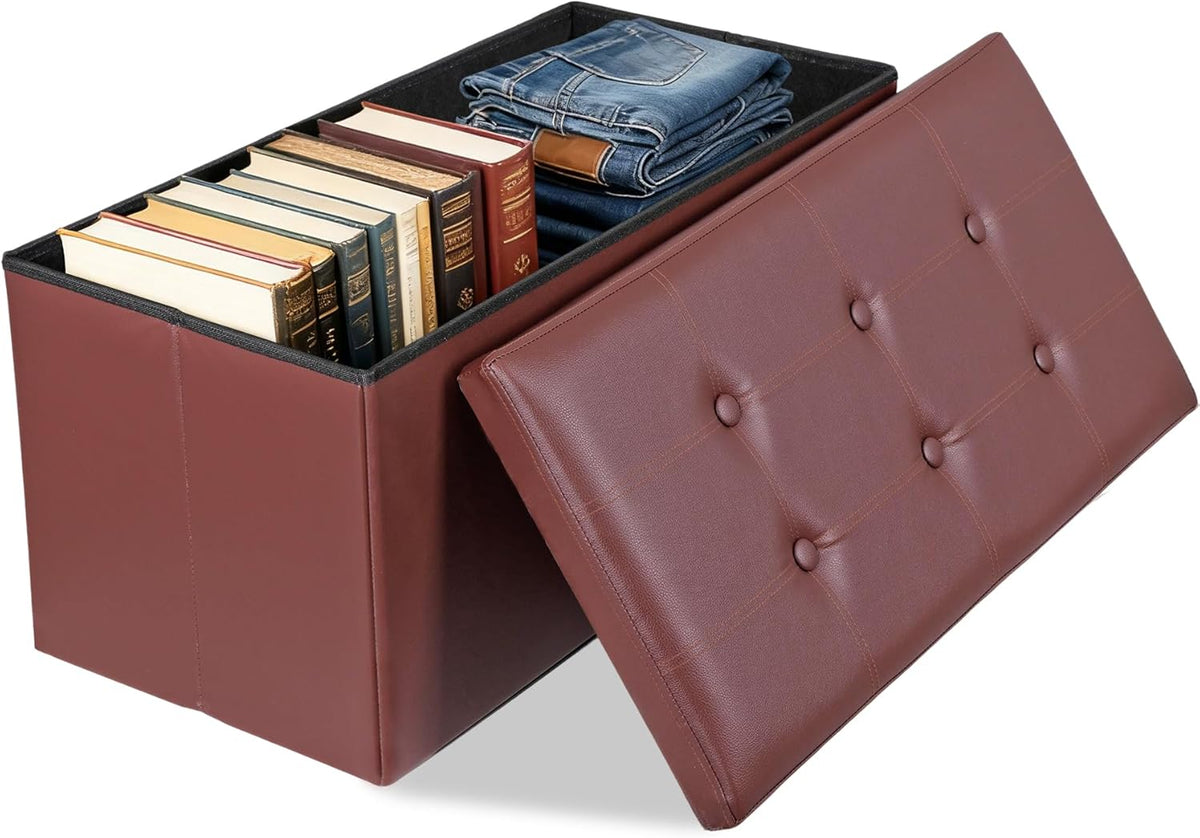 Nouva 30 Inches Ottoman Storage Bench, Folding Design Chest Faux Leather Ottomans Footrest for Bedroom Living Room Office,Entryway, Brown