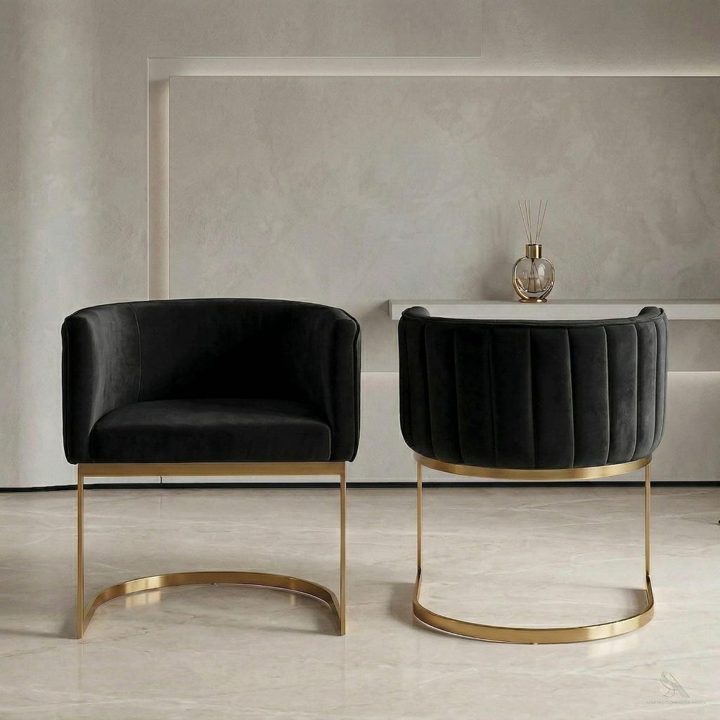 Hyfirm Black and Gold Barrel Dining Chairs Set of 2, Modern Velvet Upholstered Accent Chairs with Curved Back for Kitchen Island, Luxury Comfort Seating Cantilever Metal Frame