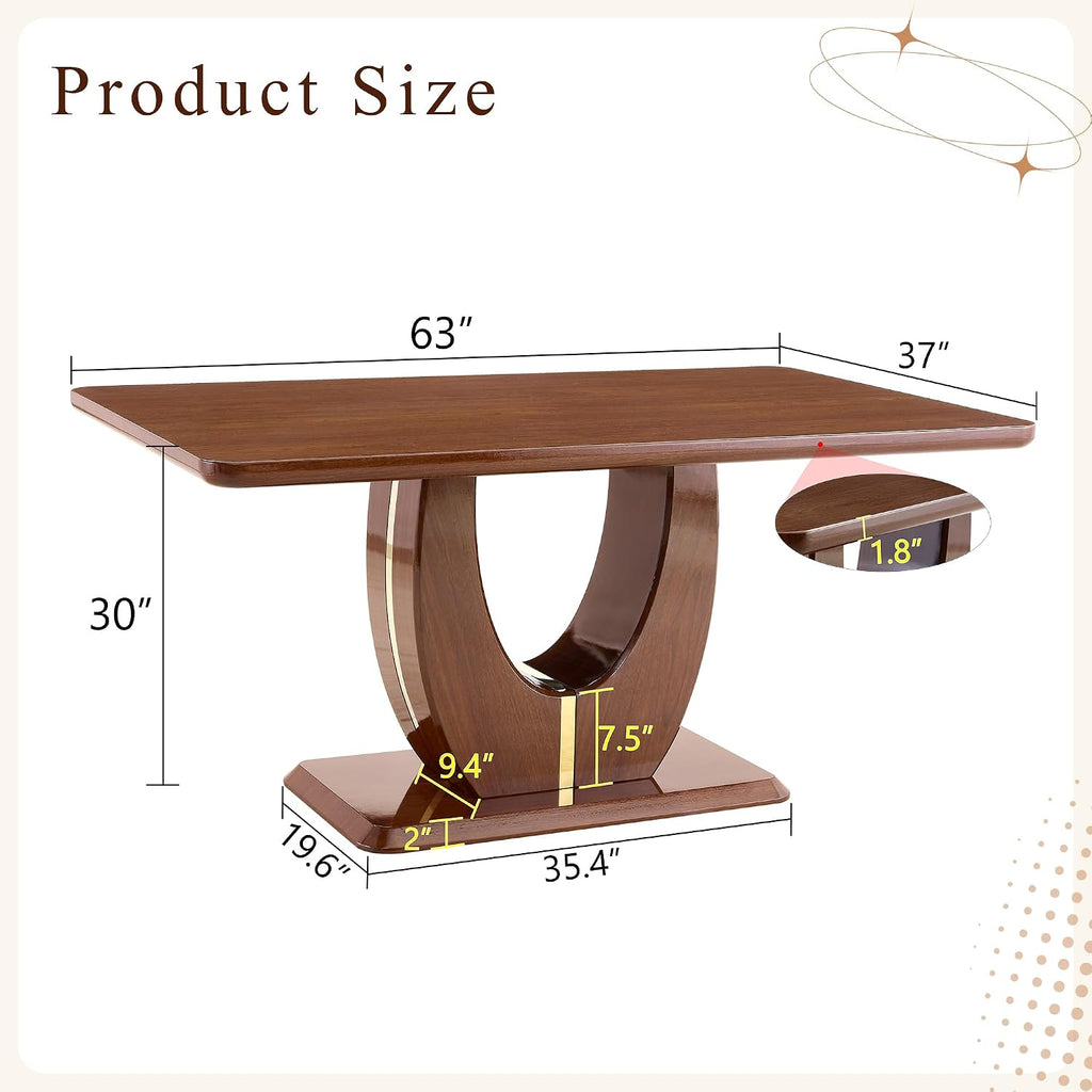 63" Wooden Dining Table for 4-6 People, Modern Farmhouse Kitchen Table with U-Shaped Legs, Rectangular Walnut Wood Dinner Table for Dining Room, Living Room, Home Office
