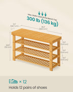 SONGMICS Shoe Rack Bench, 4 Tier Bamboo Shoe Storage Organizer, Entryway Bench, for Living Room, Bathroom, Bedroom, 11.3 x 35.2 x 20.5 Inches, Light Bamboo ULBS390YL01