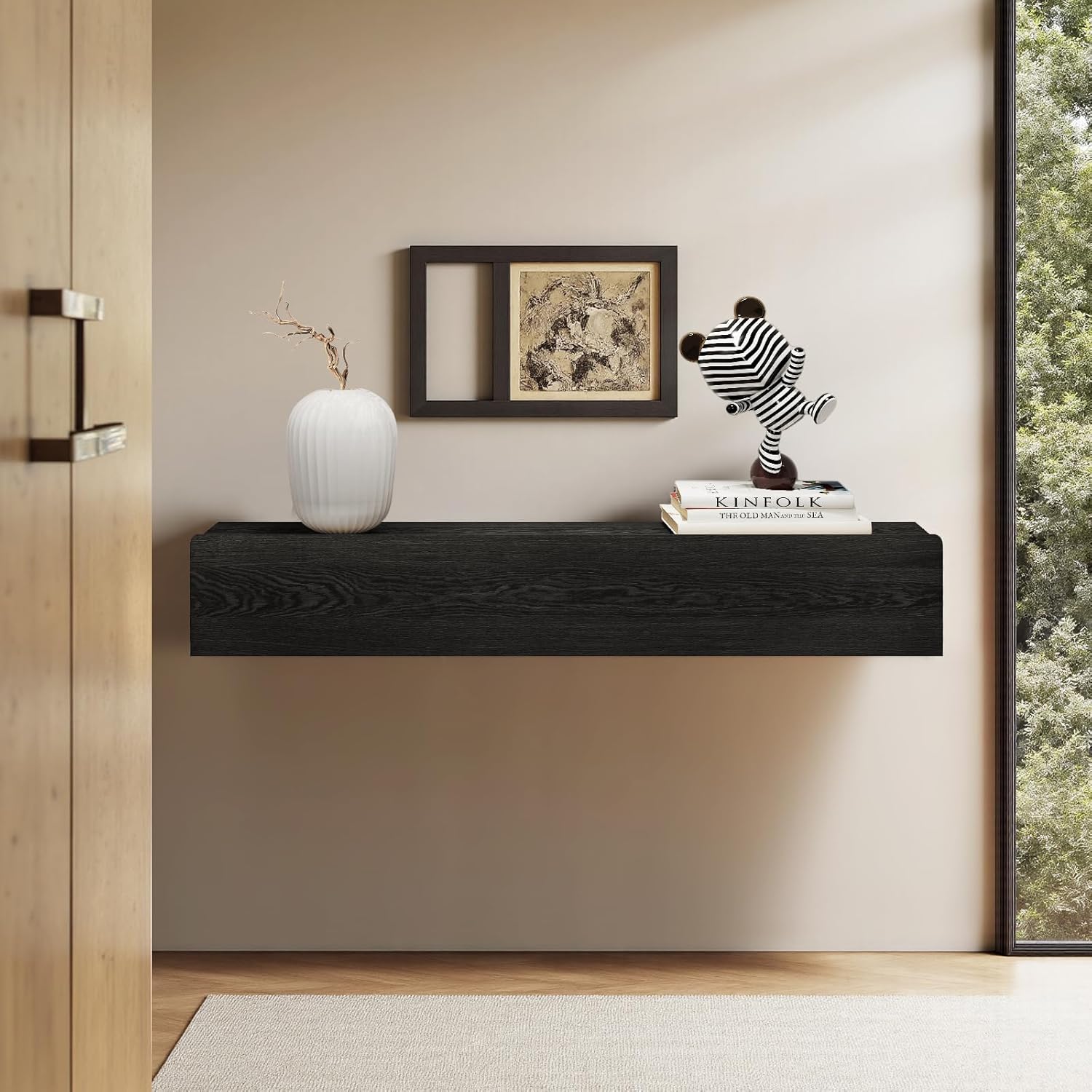 Floating Solid Wood Console Table, 32'' Wall Mounted Narrow Entryway Table with Storage Shelf, Modern Couch Shelves Small Entry Way Tables for Entryway, Front Hall, Hallway (Black)
