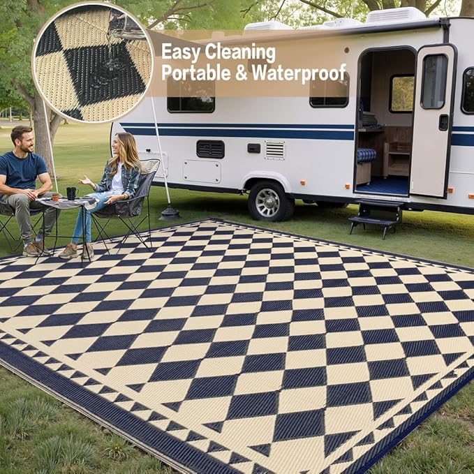 Outdoor Rug for Patios Clearance,Waterproof Mat,Large Outside Carpet,Reversible Plastic Straw Camping Rugs,Rv,Porch,Deck,Camper,Balcony,Backyard (9x12,Checkered/Black&Beige)