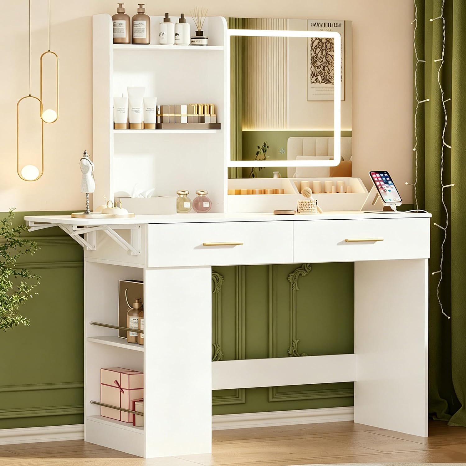ERLEJIA Vanity Desk with Mirror and Lights, 43.31" Makeup Table Without Stool, Extra Foldable Desk with 3 Open Shelves 4 Drawers Dressing Table for Girls and Ladies Bedroom, White