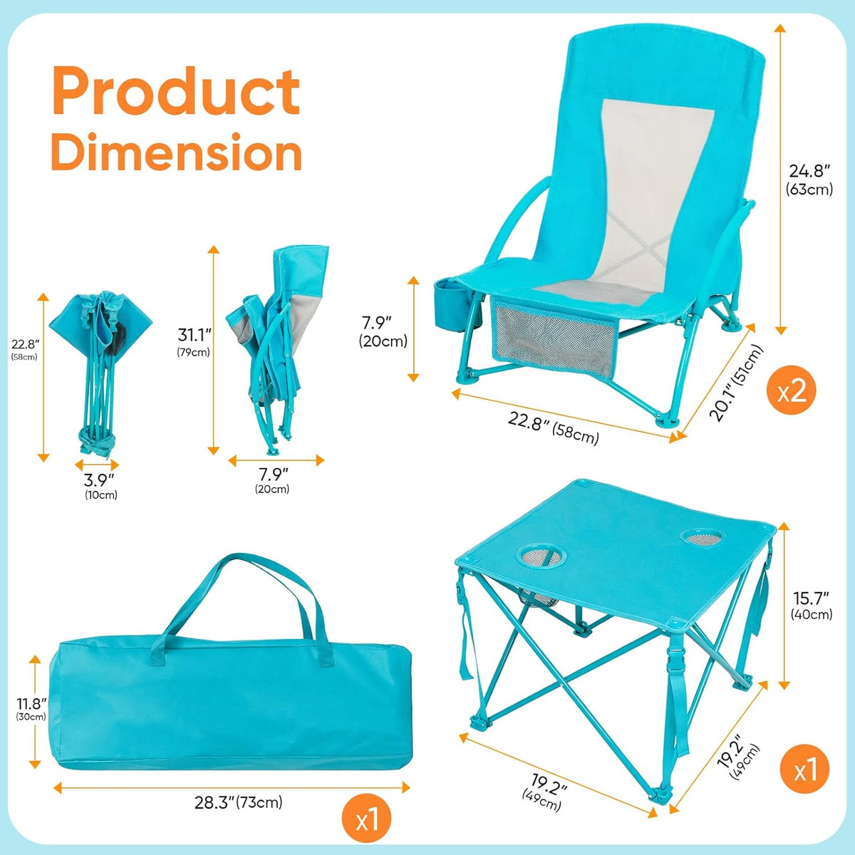 Folding Beach Chair Set of 3, Portable Camping Chairs with Table, Carrying Bag, Cup Holders, Outdoor Breathable Mesh Seat, 225lbs Heavy Duty Beach Chair for Camp Sand Travel Sunbathing