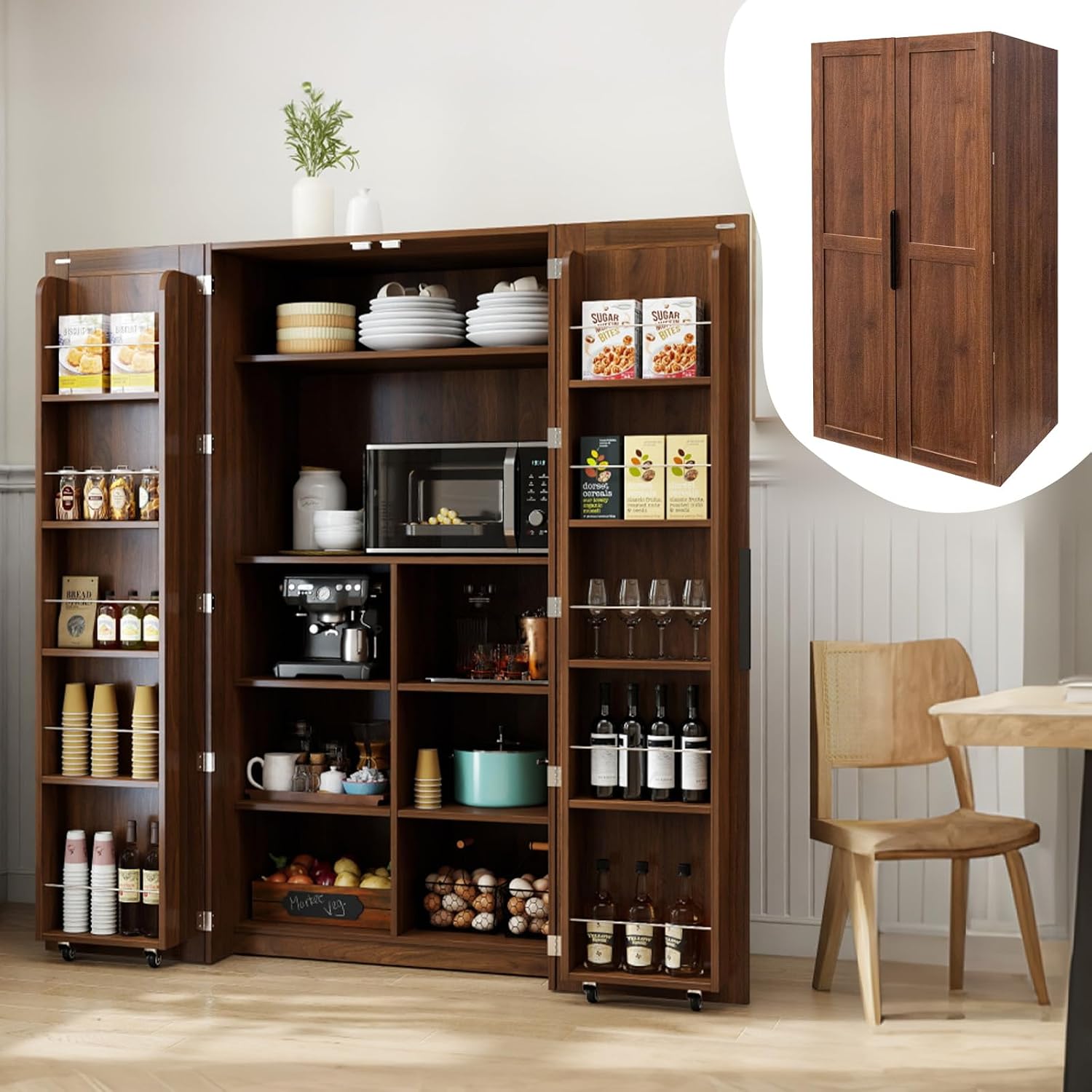22 in Deep Kitchen Pantry Storage Cabinet with Door Shelving Walnut | 180° Doors with Bottom Rollers, Adjustable Shelves
