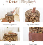 Round Leopard Print Fringe Ottoman with Storage, Farmhouse Tassel Velvet Footrest Stool, Flip Top Vanity Ottoman Chair for Living Room Bedroom