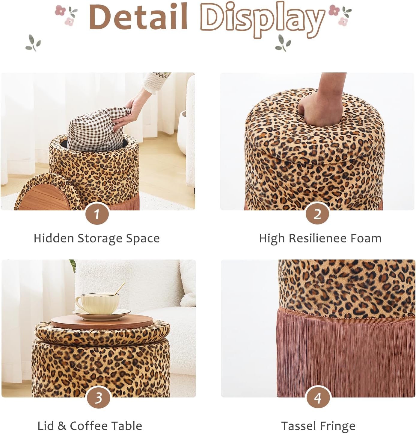 Round Leopard Print Fringe Ottoman with Storage, Farmhouse Tassel Velvet Footrest Stool, Flip Top Vanity Ottoman Chair for Living Room Bedroom