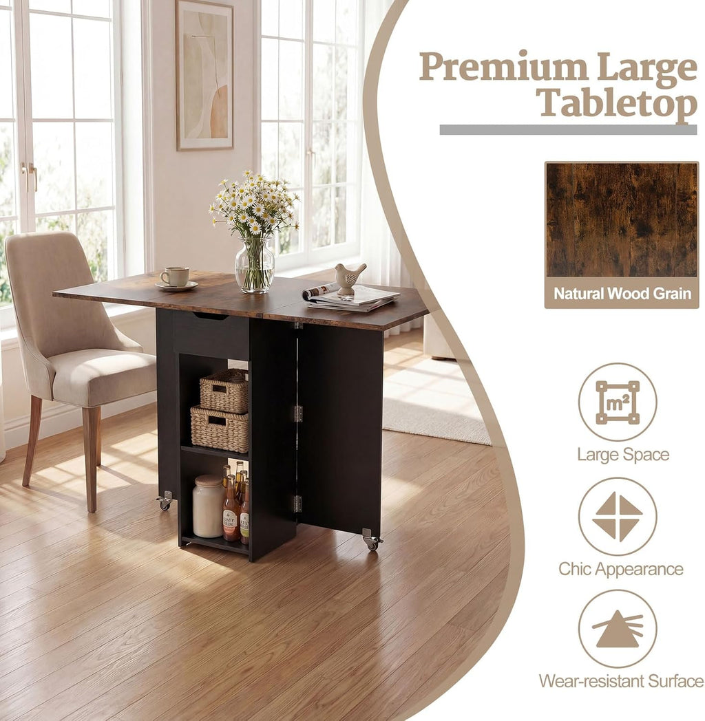 GOFLAME Drop Leaf Dining Table for 2-4, Folding Kitchen Table with Open Shelves & Drawer, Lockable Wheels, Space Saving Extendable Table for Dining Room, Living Room, Small Space, Rustic Brown & Black