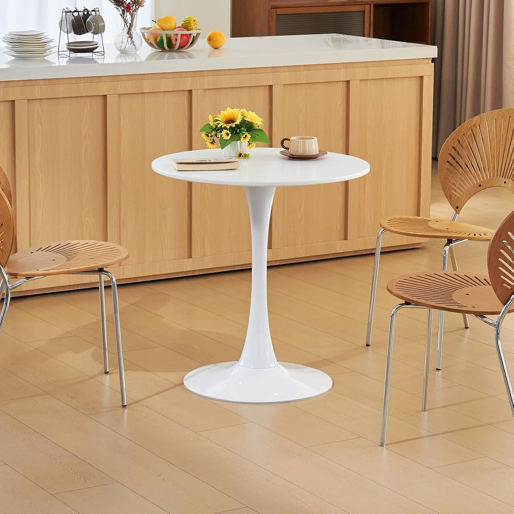 Round Dining Table, 27.6" Circle Tulip Table with Thickened Tabletop & Metal Pedestal, Mid Century Modern Bistro Table for Kitchen, Small Places, Living Room, Cafe (White)