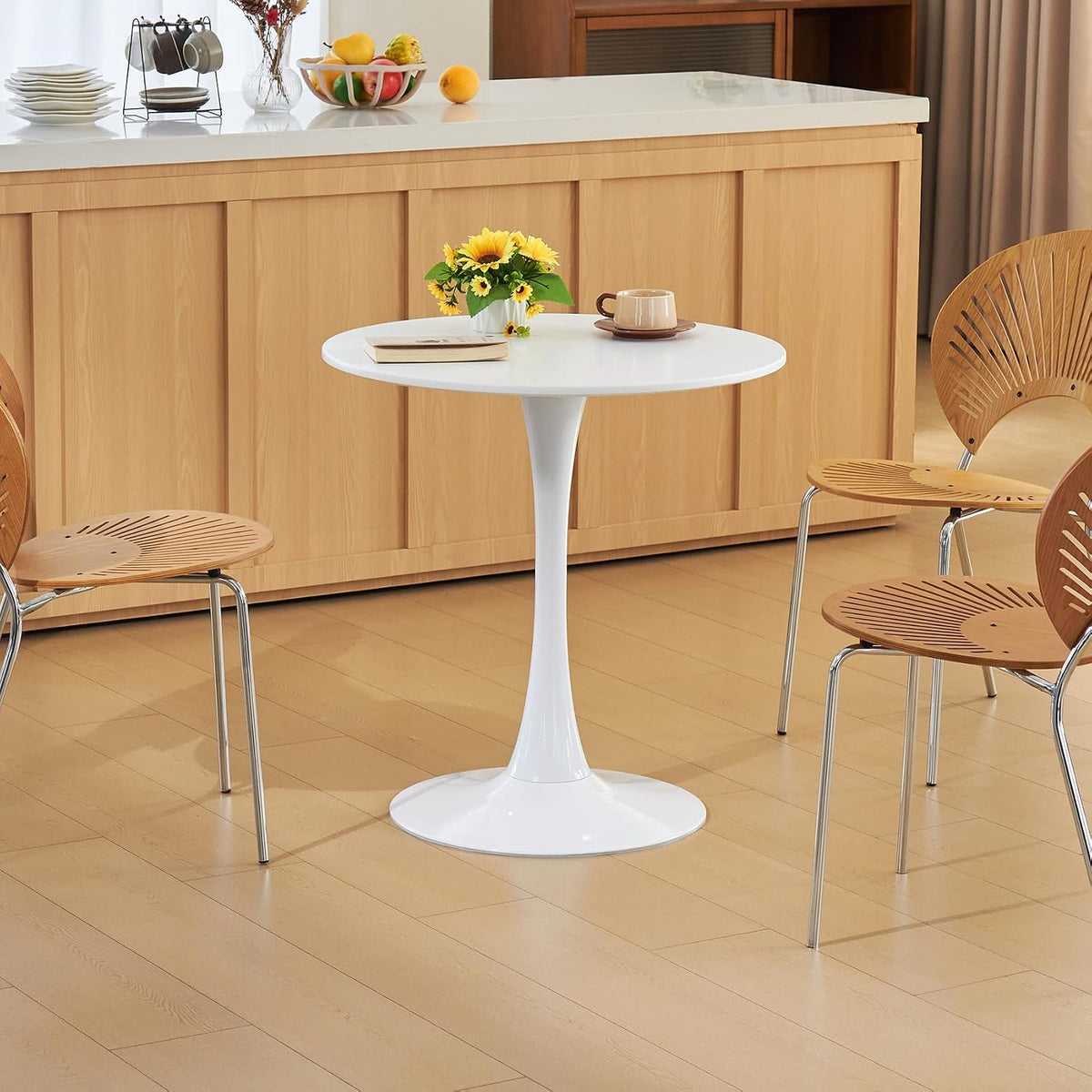 Round Dining Table, 27.6" Circle Tulip Table with Thickened Tabletop & Metal Pedestal, Mid Century Modern Bistro Table for Kitchen, Small Places, Living Room, Cafe (White)