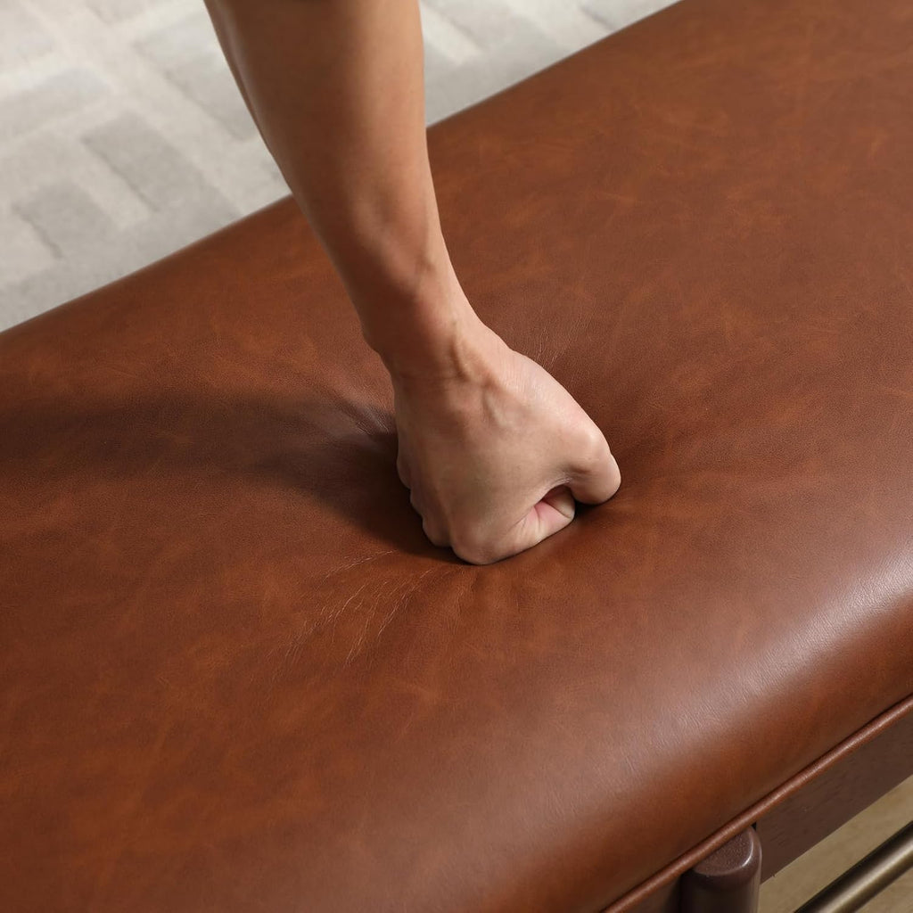 53" Faux Leather Entryway Bench with Cushion, Rustic Brown Dinner Bench for Dining Room, Upholstered End of Bed Bench Ottoman for Bedroom, Living Room with Walnut Base, Brown