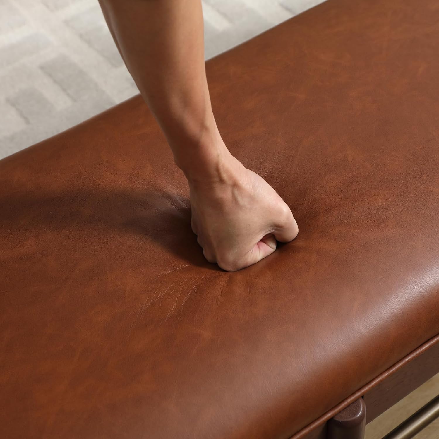 53" Faux Leather Entryway Bench with Cushion, Rustic Brown Dinner Bench for Dining Room, Upholstered End of Bed Bench Ottoman for Bedroom, Living Room with Walnut Base, Brown