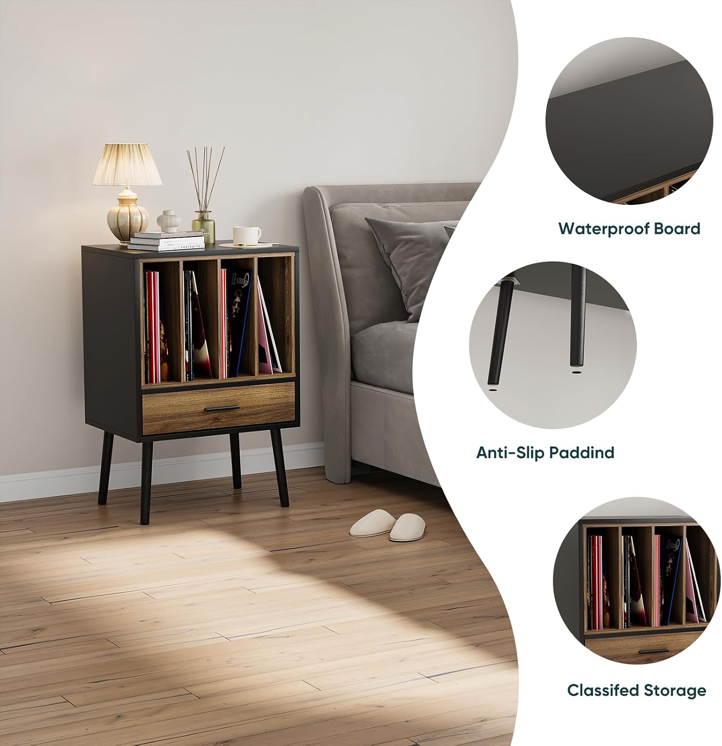 Record Player Stand with Vinyl Record Storage, Turntable Stand with Storage Cabinet Holds up to 180 Albums, Mid-Century Vinyl Holder Storage Shelf for Living Room