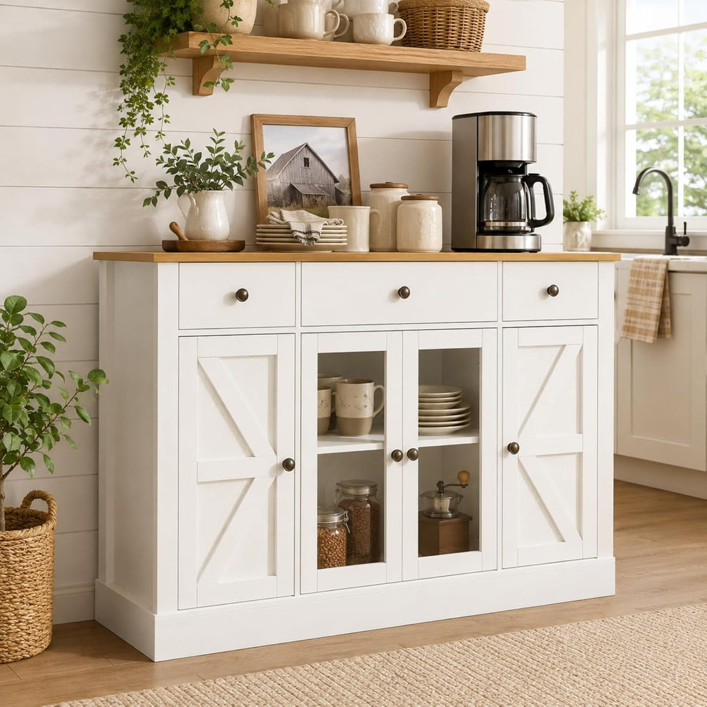 4 EVER WINNER 55" Large Buffet Cabinet with Storage, Coffee Bar Cabinet with 4 Doors and 3 Drawers, Kitchen Cabinet with Plexiglass Doors for Living Room, White