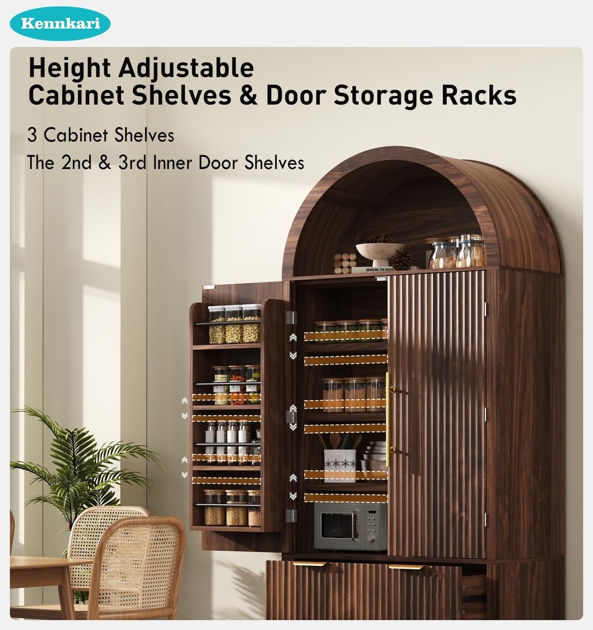 Tall Arched Kitchen Pantry Cabinet with Drawers, Mid Century Modern Fluted Storage Cupboard, Freestanding Wooden Hutch, Adjustable Shelves, Door Shelves for Dining Room Organization (Walnut)
