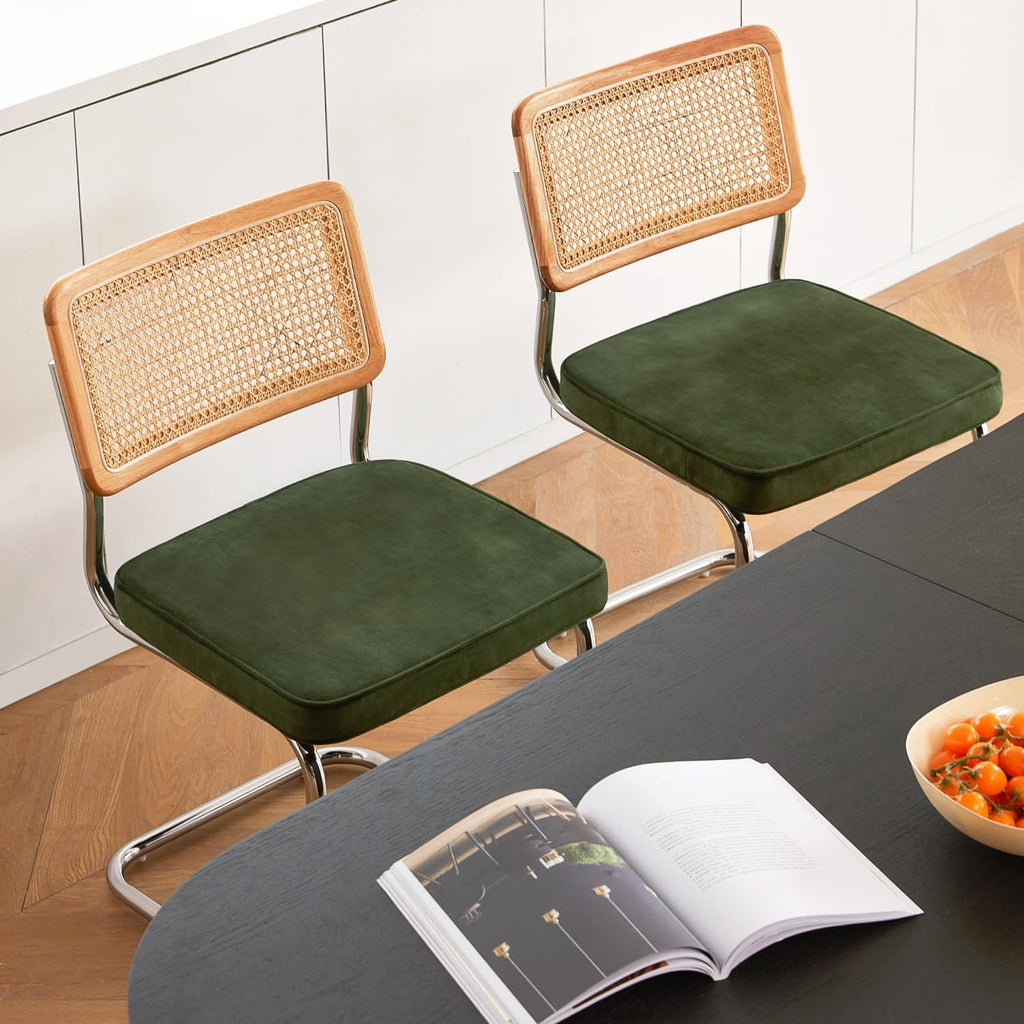 GrandNoor Rattan Dining Chairs Set of 4, Wooden Mid Century Modern Dining Room Chairs, Mesh Back Cane Kitchen Chair, Cesca Design Chairs with Metal Chrome Legs, Green
