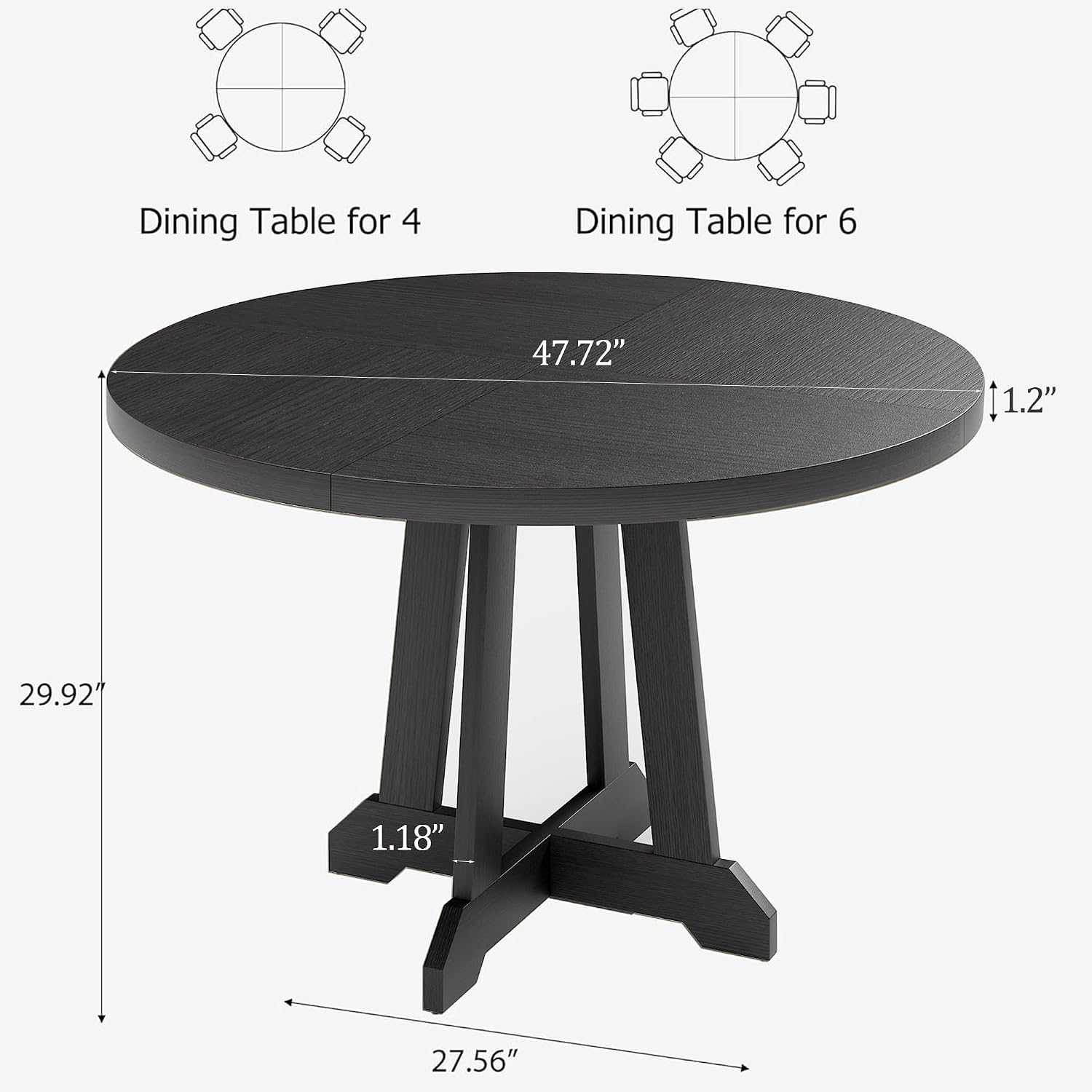 47" Round Dining Table for 4–6 People, Farmhouse Wooden Kitchen Table with Reinforced Legs, Dining Room Table with Adjustable Foot Pads for Home & Restaurant,Black