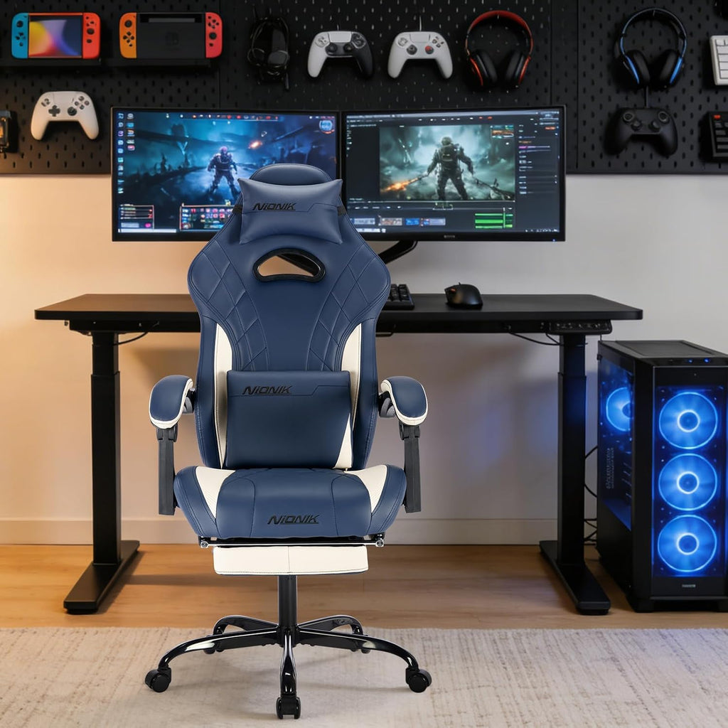 Gaming Chair with Footrest and Massage Lumbar Support, Ergonomic Computer Gamer Chair, Office Video Game Chairs (Blue)