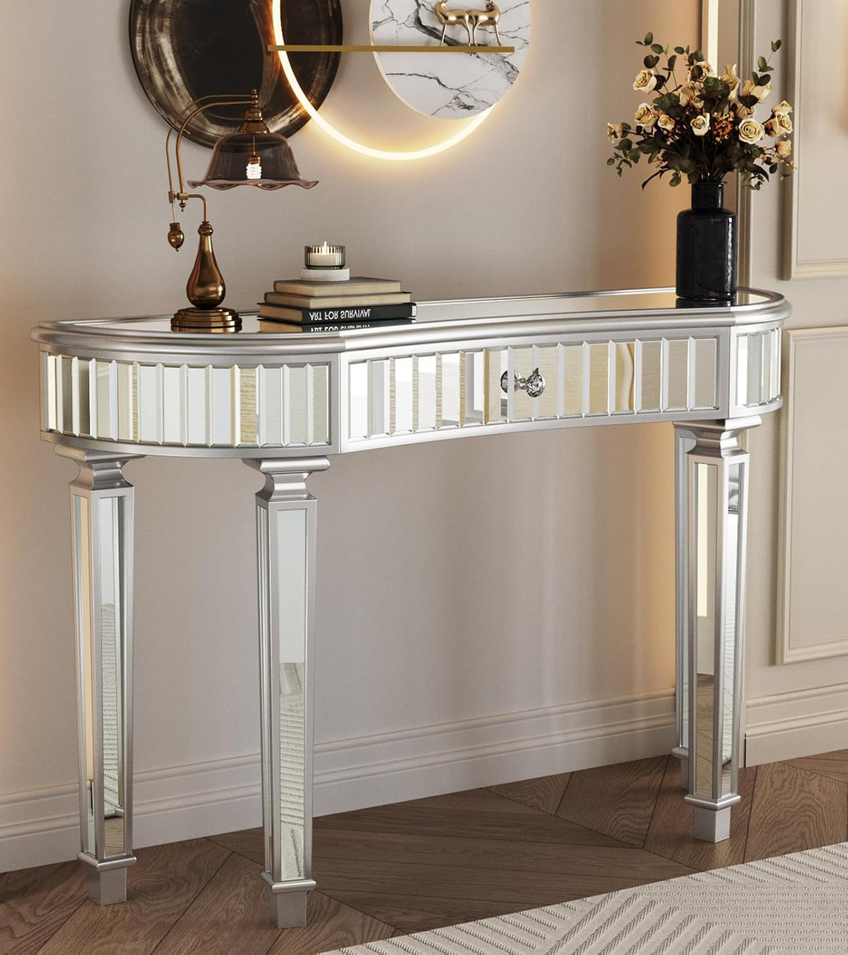 Half-Moon Mirrored Sofa Table with Storage, Semi Circle Entryway Console Table with Fluted Glass & Crystal Knob Drawer,Modern Sofa Table Behind Couch for Living/Dressing Room,Hallway Foyer, Silver