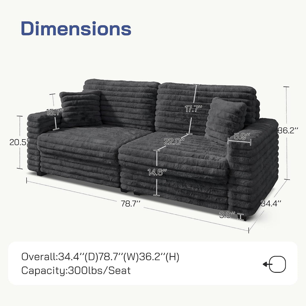 78.7" Corduroy Love Seat Sofa, Cloud Deep Seat Couch with Legs 2 Pillows, Fluff Corduroy Loveseat for Small Space, Living Rooms and Apartment, Dark Grey