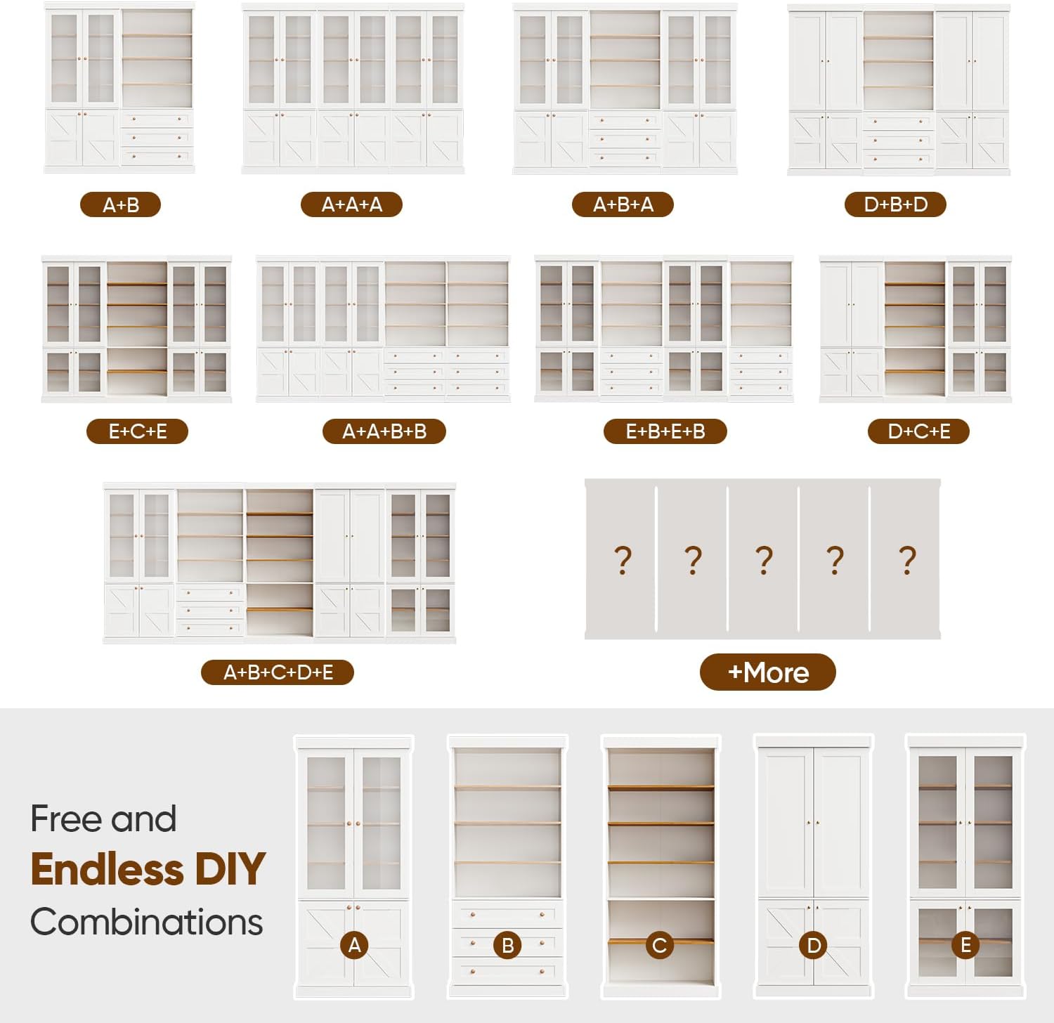 70.8" Tall Farmhouse Modular Kitchen Pantry Cabinet with Glass Doors & Wooden Storage Hutch with Six-Tier Adjustable Shelves, White，2pcs