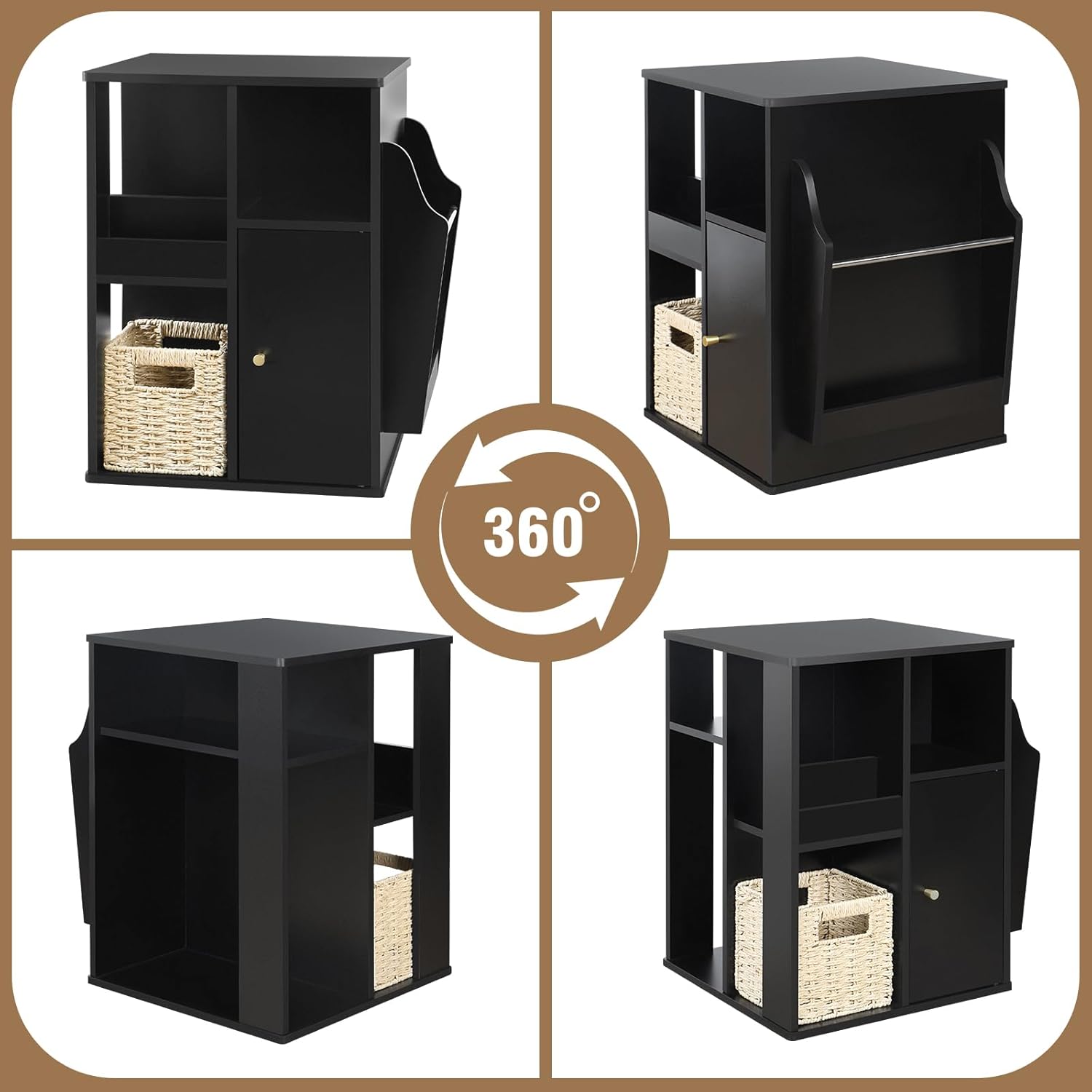 TooCust Rotating End Table with Storage, Square Rotating Side Table Living Room, Side Table with Magazine Holder, Basket and Cabinet, Swivel End Table with Multiple Storage (Black)