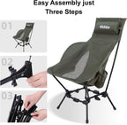 Wildhiker Compact High Back Camping Chair - Foldable with Dual Sitting Modes, Pillow, Arm Pads and Side Pockets - Lightweight Portable Chair for Motorcycle, RV, Festival, Travel - Black