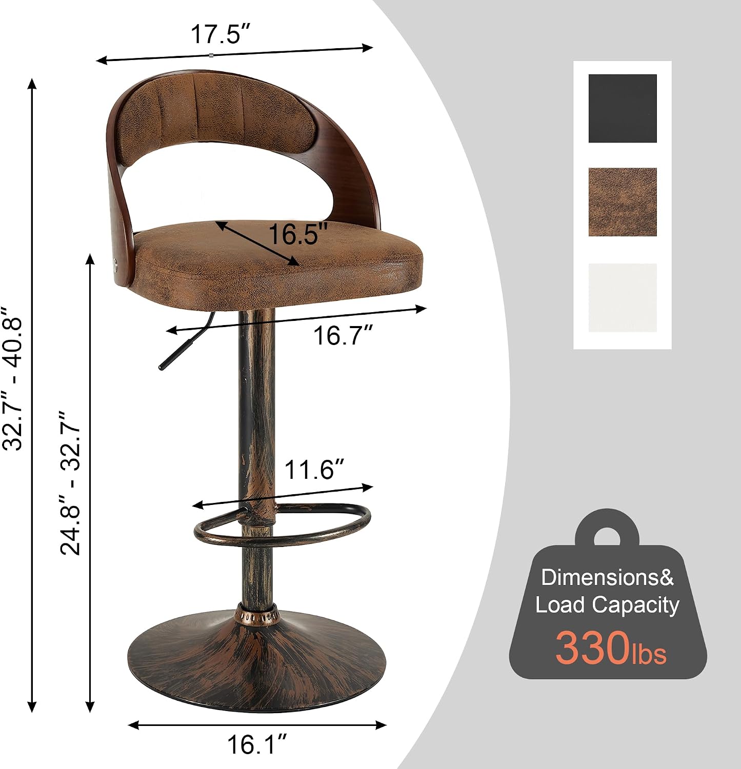 VECELO Bar Stool Set of 2,Kitchen Island Stools with Bentwood Back,Arm&Footrest,360°Swivel Counter Height Stools,PU Leather Cushion Seat Adjustable Height for Club Pub&Kitchen,Dark Brown