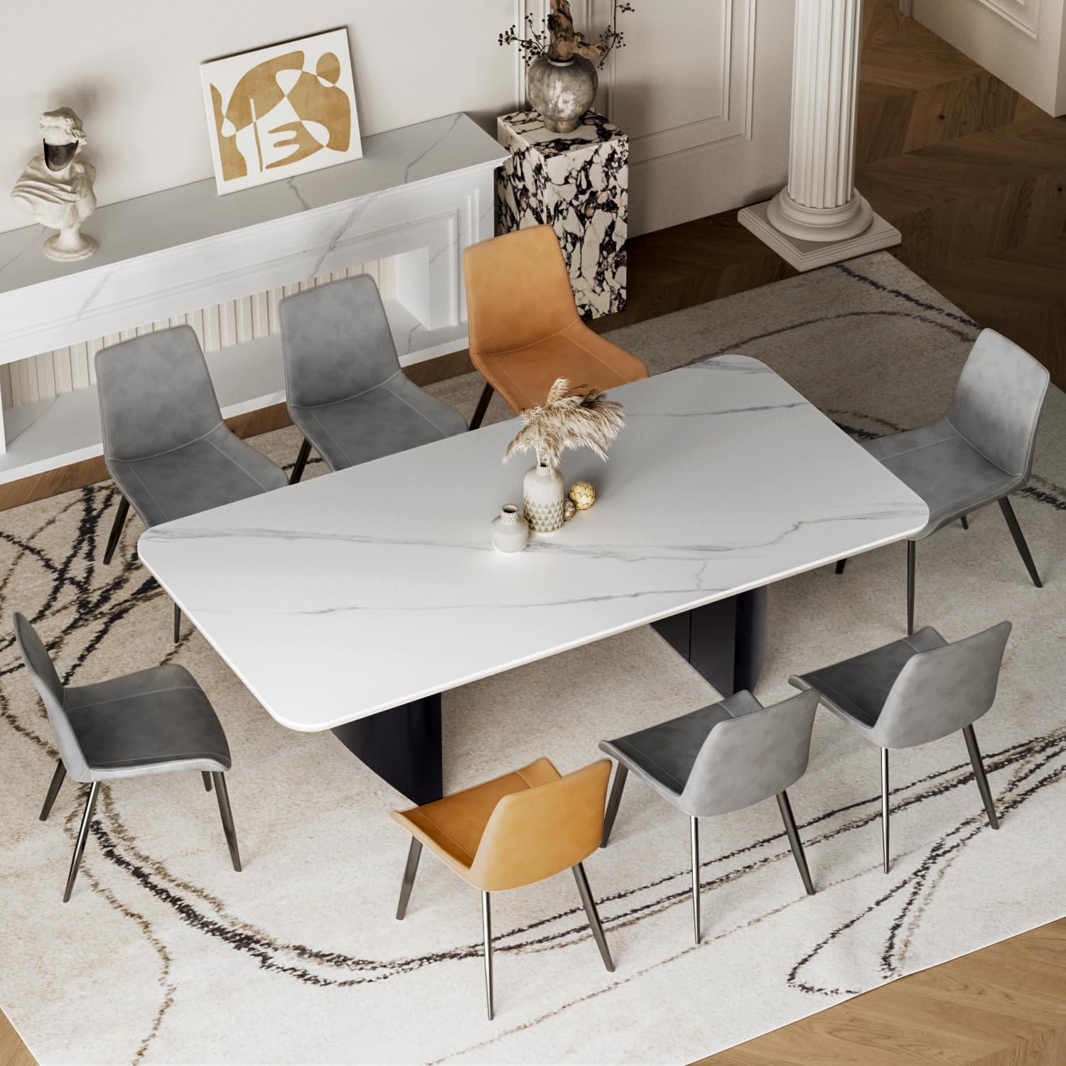 Modern White Dining Table for 6 to 8 People, 70.9" High Hardness Sintered Stone Table for Dining Room and Easy Maintenance - Half-Round Stainless Steel Base(Table Only)