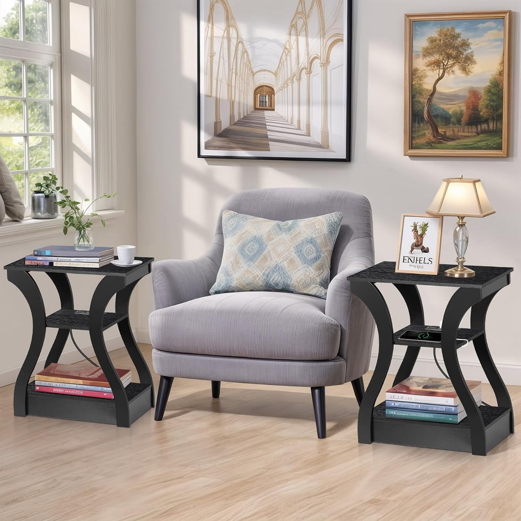 ZENY End Tables Set of 2 with Charging Station, Side Table with USB Ports and Outlets, 3 Tier Nightstand with Storage Shelf for Living Room, Bedroom, Black
