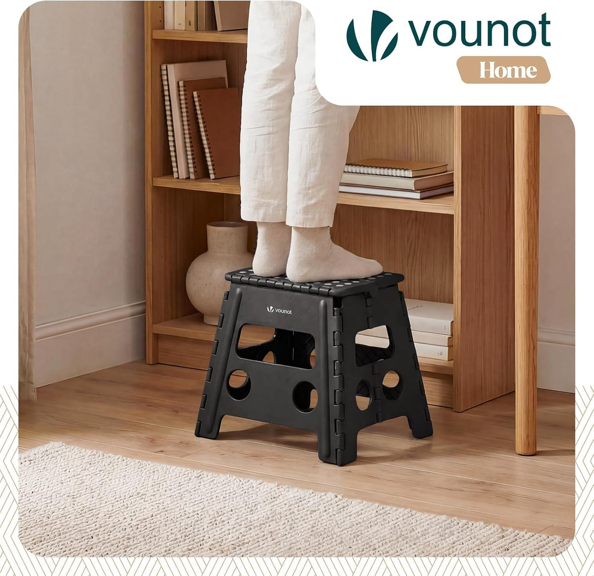 VOUNOT® Folding Step Stool, Portable Stepping Stool with Carrying Handle, Anti-Slip Folding Stool for Bathroom, Garden, Camping, Home, 37 x 30 x 32.5 cm, Black