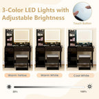 CHARMAID Makeup Vanity Desk with Lighted Mirror & Charging Station, Vanity Table with Storage Stool, Drawers, Cabinet & Shelves, LED Mirror with 3 Color Lights, Dressing Table for Bedroom (Black)