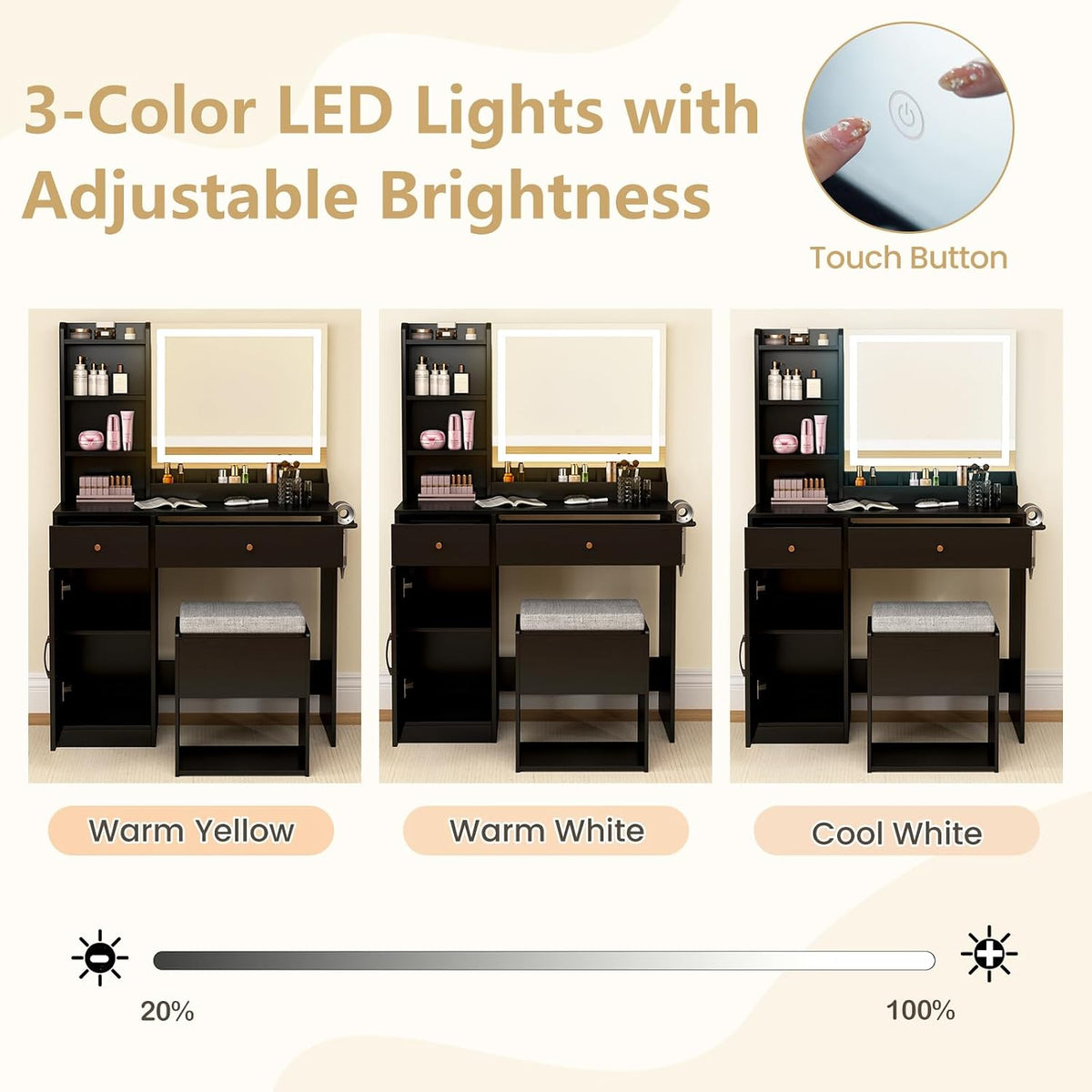 CHARMAID Makeup Vanity Desk with Lighted Mirror & Charging Station, Vanity Table with Storage Stool, Drawers, Cabinet & Shelves, LED Mirror with 3 Color Lights, Dressing Table for Bedroom (Black)