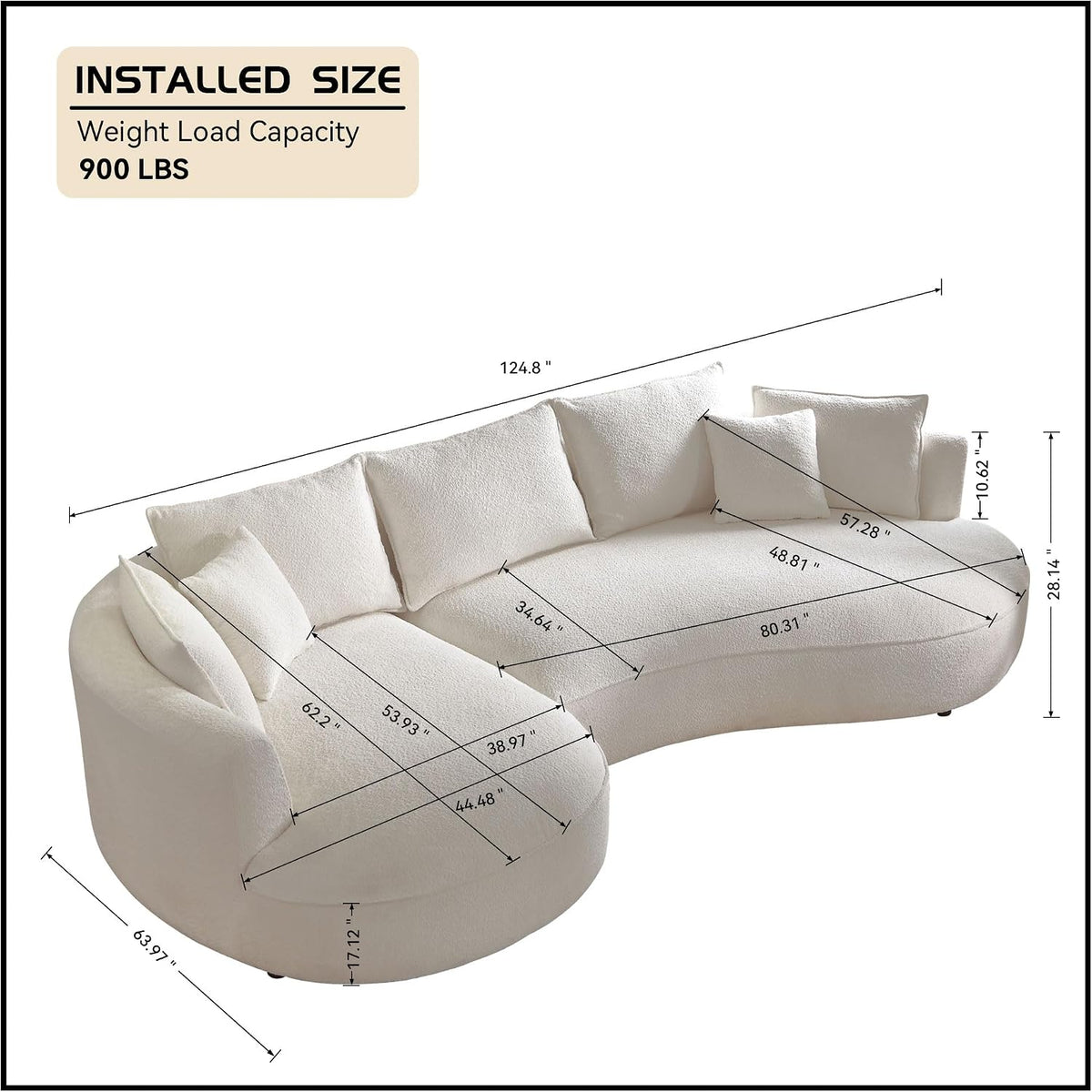 WILLIAMSPACE 124.8" Boucle Curved Sofa Couch, Modern Upholstery Cloud Sofa with Pillows, Left Hand Facing Sectional Boucle Fabric Couch for Living Room (Left-Facing,Light Cream)