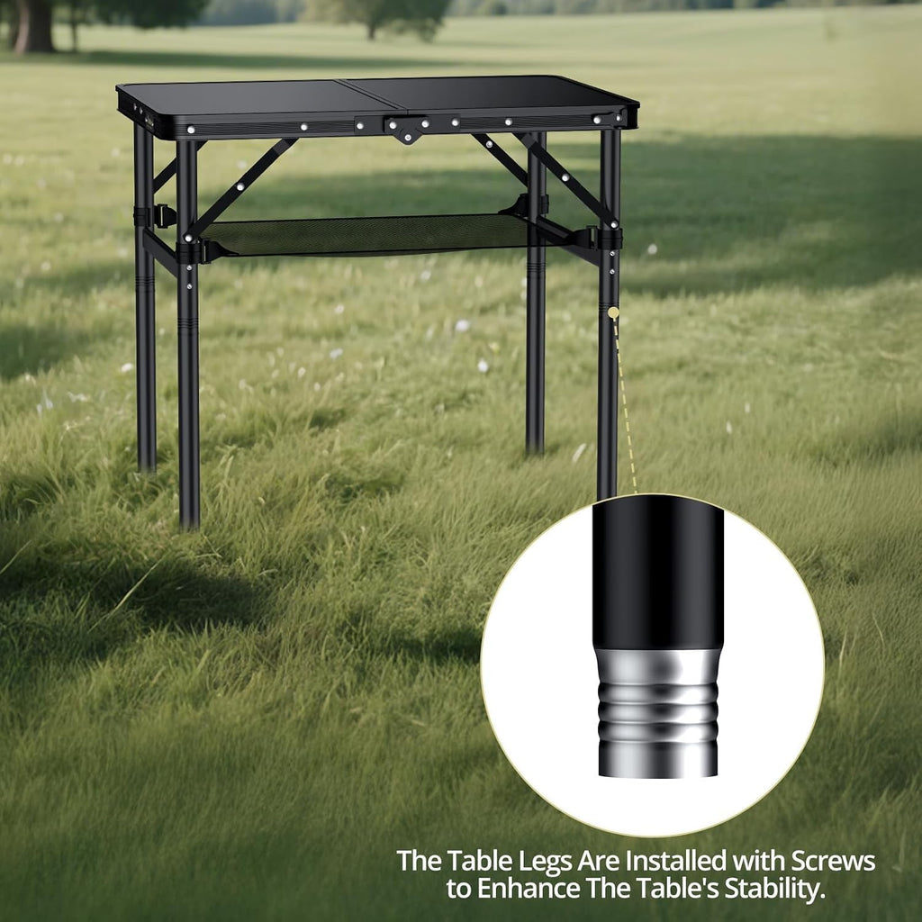 Anbte 2ft Folding Camping Table, 3 Adjustable Height Max 29.5", 23" x 16" | Aluminum Small Folding Table with Storage Net &Portable Handle, Lightweight,for Travel Outdoor Beach Picnic Camping, Black