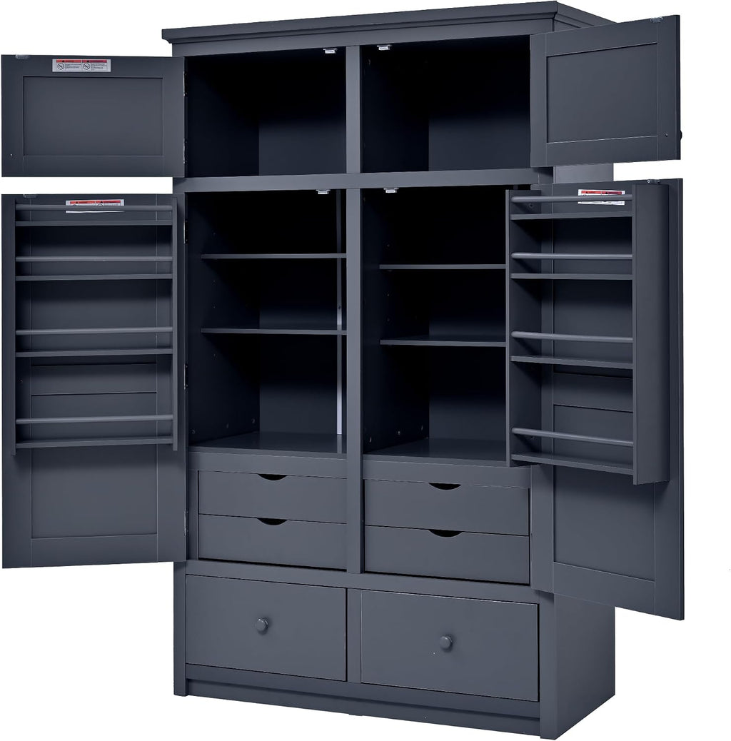 Tall Kitchen Pantry Cabinet with Adjustable Shelves, Freestanding Large Cupboard with 8 Door Shelves, 4 Pull-Out Trays, 6 Drawers for Kitchen, Dining Room (Grey)