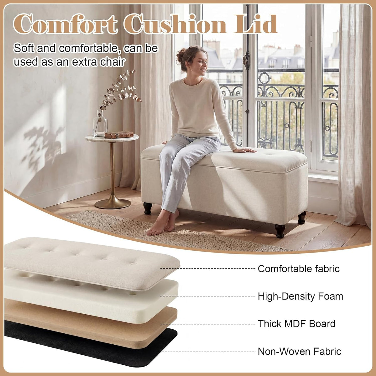 Homebeez 41" Linen Storage Ottoman Bench with Button Tufted Top & Wooden Legs, Upholstered Storage Bench for Bedroom, Entryway, Living Room