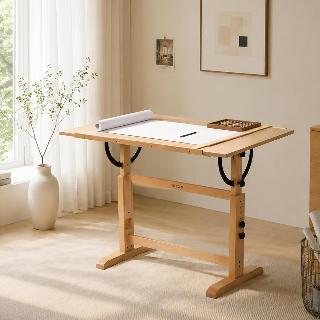 MEEDEN Extra-Large Wood Drafting Table: 42" x 30" Artist Drawing Table Desk - Painting Table with Adjustable Height & Angle - Art Table for Adults with Pencil Ledge for Sketching, Writing, Natural