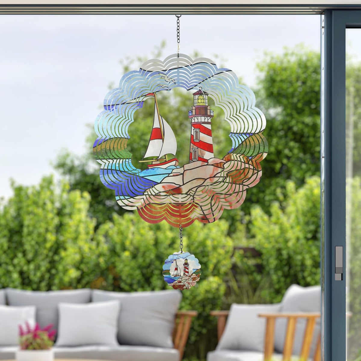 Lighthouse 3D Wind Spinner Kinetic Metal Art Hanging Wind Spinner Outdoor Decoration Ocean Ornaments Decor for Yard and Garden
