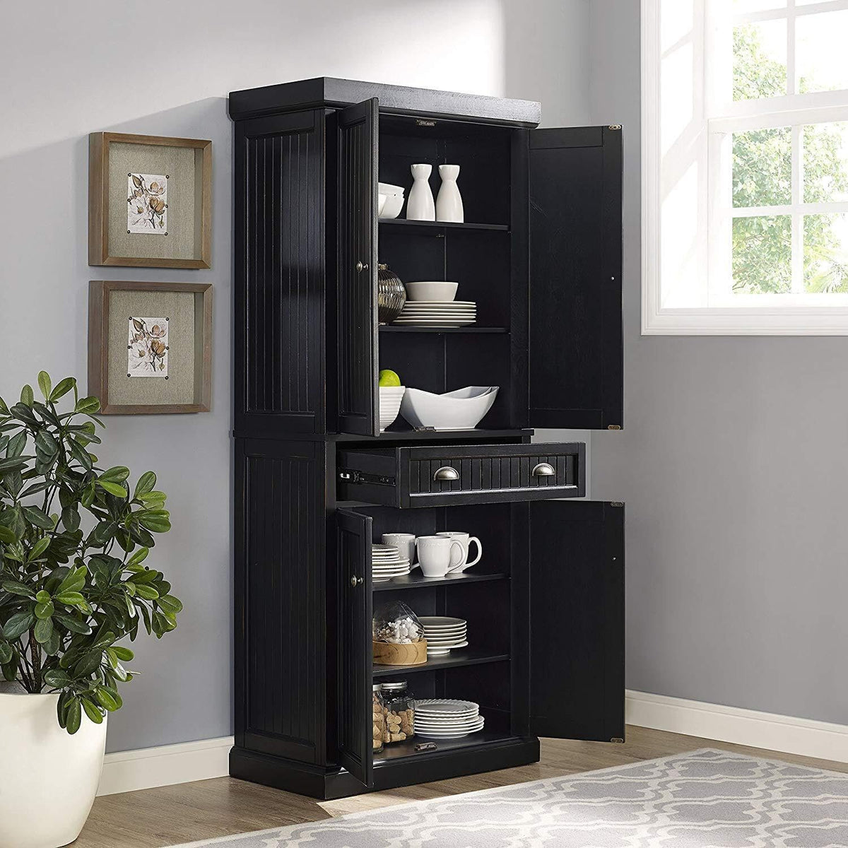 Maykoosh Kitchen Pantry Cabinet - Large Storage, Adjustable Shelves, Distressed Black Finish
