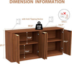 59" Fluted Buffet Sideboard Cabinet with Storage, Wooden 4-Door Sideboard with Adjustable Shelves, Coffee Bar Table for Kitchen, Living Room, Entryway,Walnut