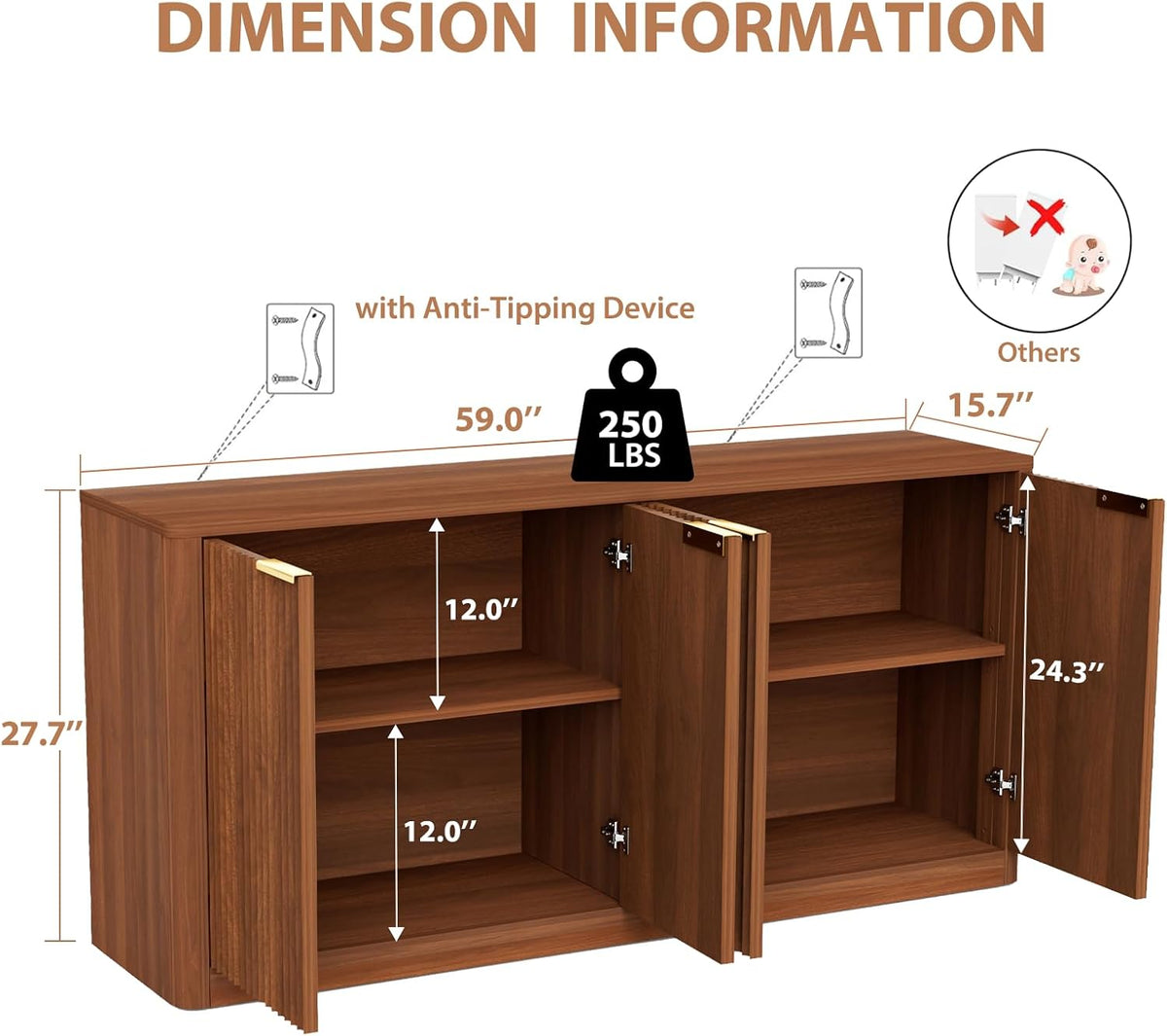 59" Fluted Buffet Sideboard Cabinet with Storage, Wooden 4-Door Sideboard with Adjustable Shelves, Coffee Bar Table for Kitchen, Living Room, Entryway,Walnut
