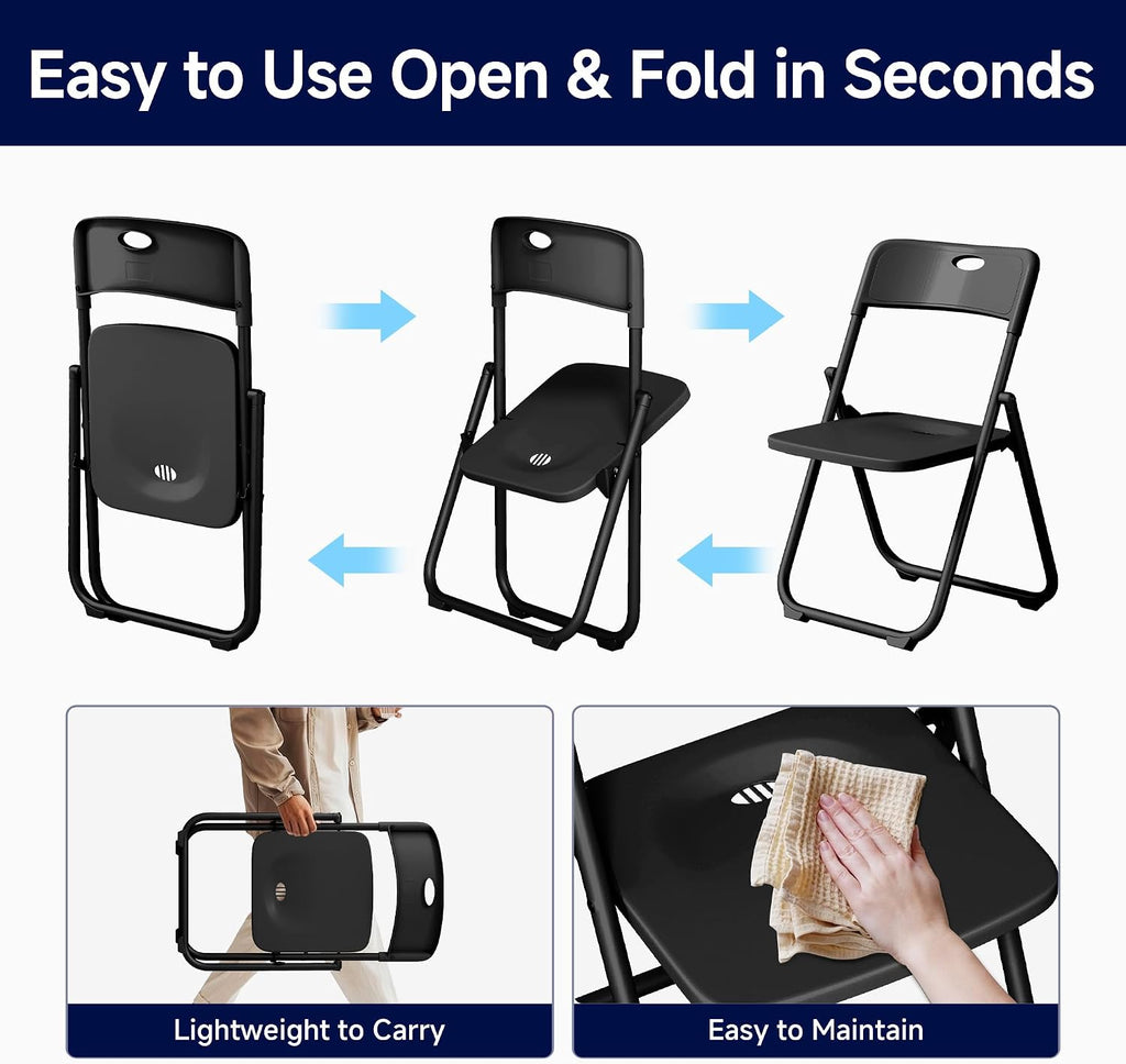 10 Pack Black Plastic Folding Chairs, Lightweight Foldable Chair with 350lbs Capacity, Portable Seat with Sturdy Steel Frame for Indoor & Outdoor Use