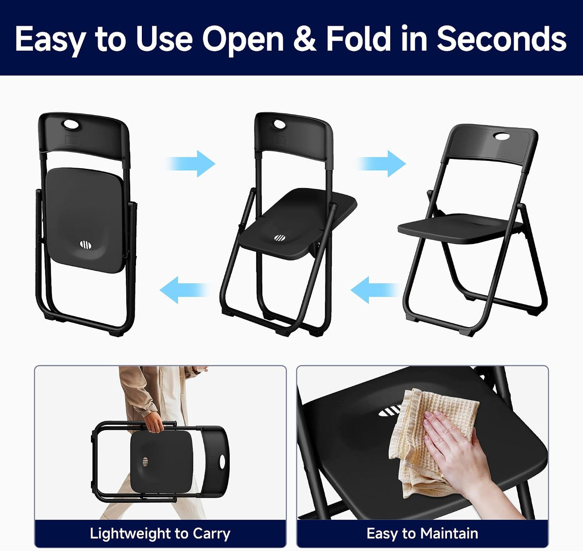 10 Pack Black Plastic Folding Chairs, Lightweight Foldable Chair with 350lbs Capacity, Portable Seat with Sturdy Steel Frame for Indoor & Outdoor Use