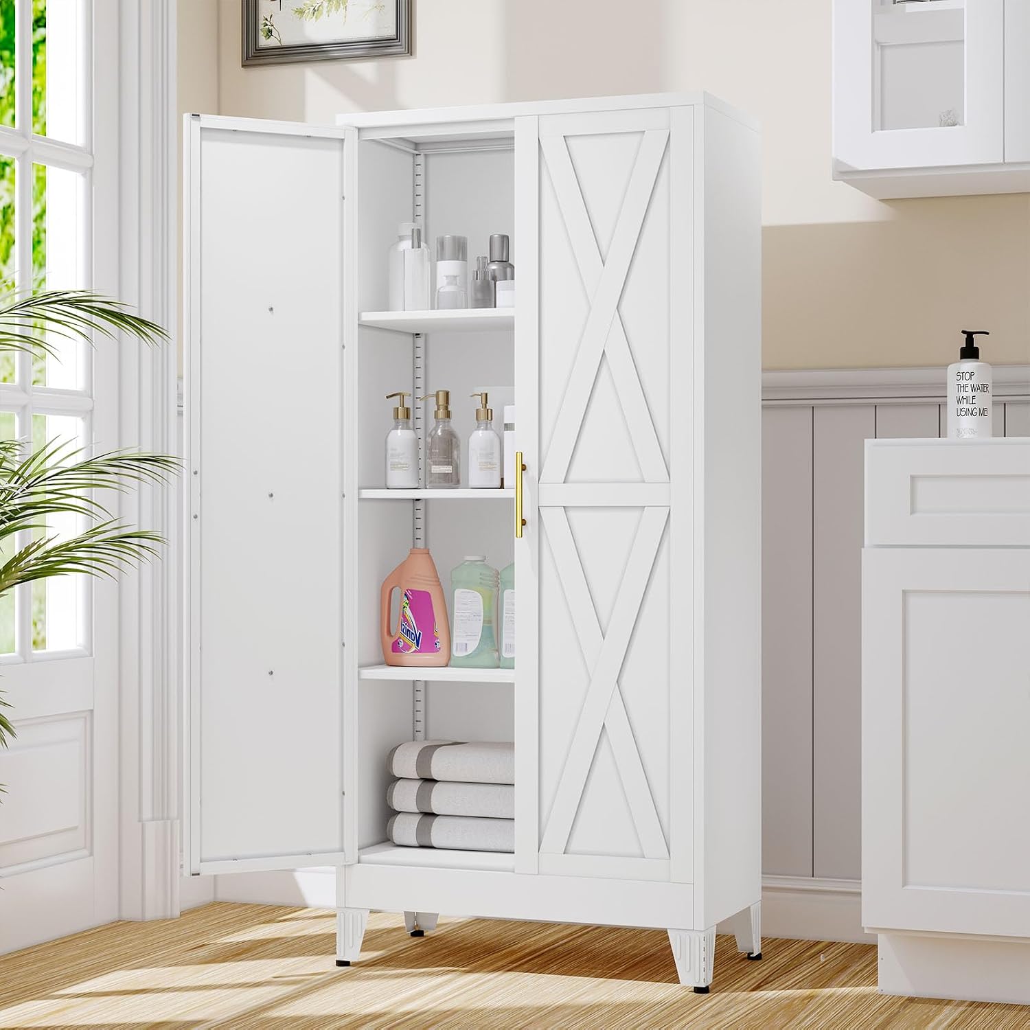 61" Kitchen Pantry Cabinet, Metal Storage Cabinet with 2 Doors and 3 Adjustable Shelves, White Food Pantry Cupboard for Kitchen, Dining Room, Living Room and Bathroom (White)