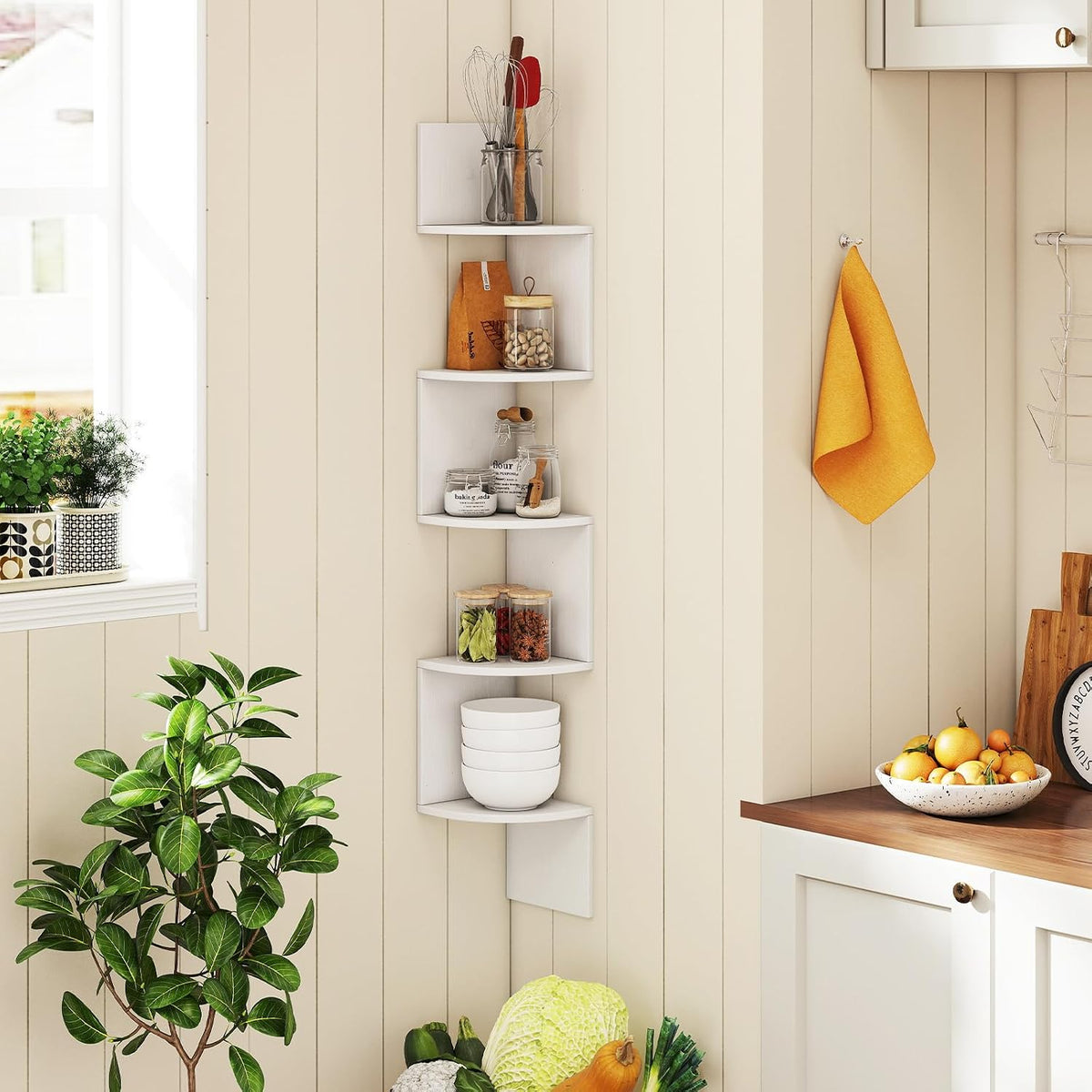 GIANTEX Corner Shelf Wall Mounted Set of 2, 5-Tier Floating Corner Bookshelf, Home Storage Organizer, Wooden Display Stand Rack for Wall, Plant Shelf for Living Room, Bedroom, Kitchen, White