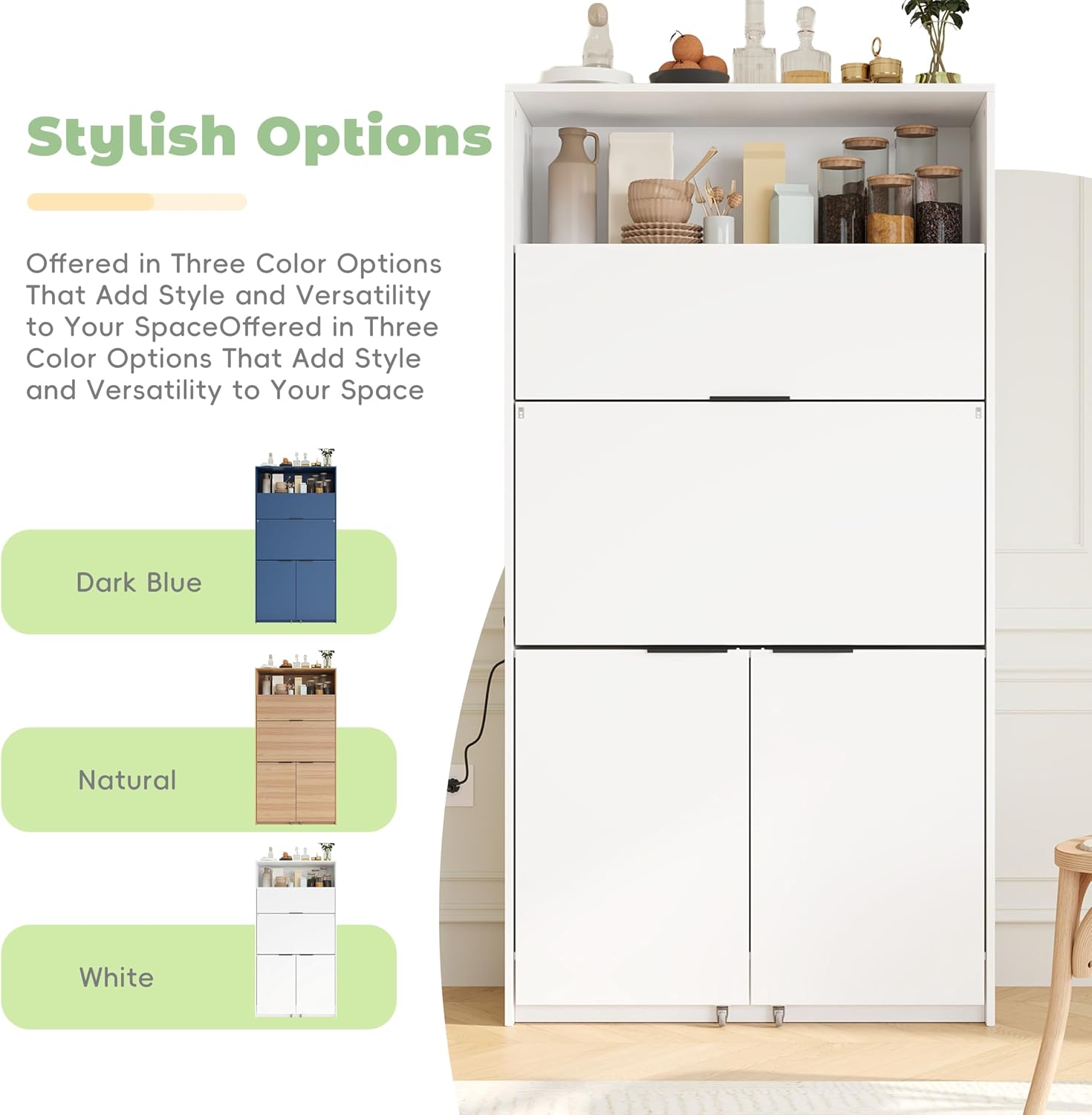 Farmhouse Kitchen Pantry Cabinet with Foldable Workstation, Kitchen Storage Cabinets with Adjustable Shelf & Power Outlet, Versatile Cupboard for Dining Room, Living Room,White