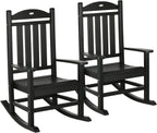 Outsunny 2 Pieces Outdoor Rocking Chair, All Weather-Resistant HDPE Rocking Patio Chairs with Rustic High Back, Armrests, Oversized Seat and Slatted Backrest, 350lbs Weight Capacity, Black