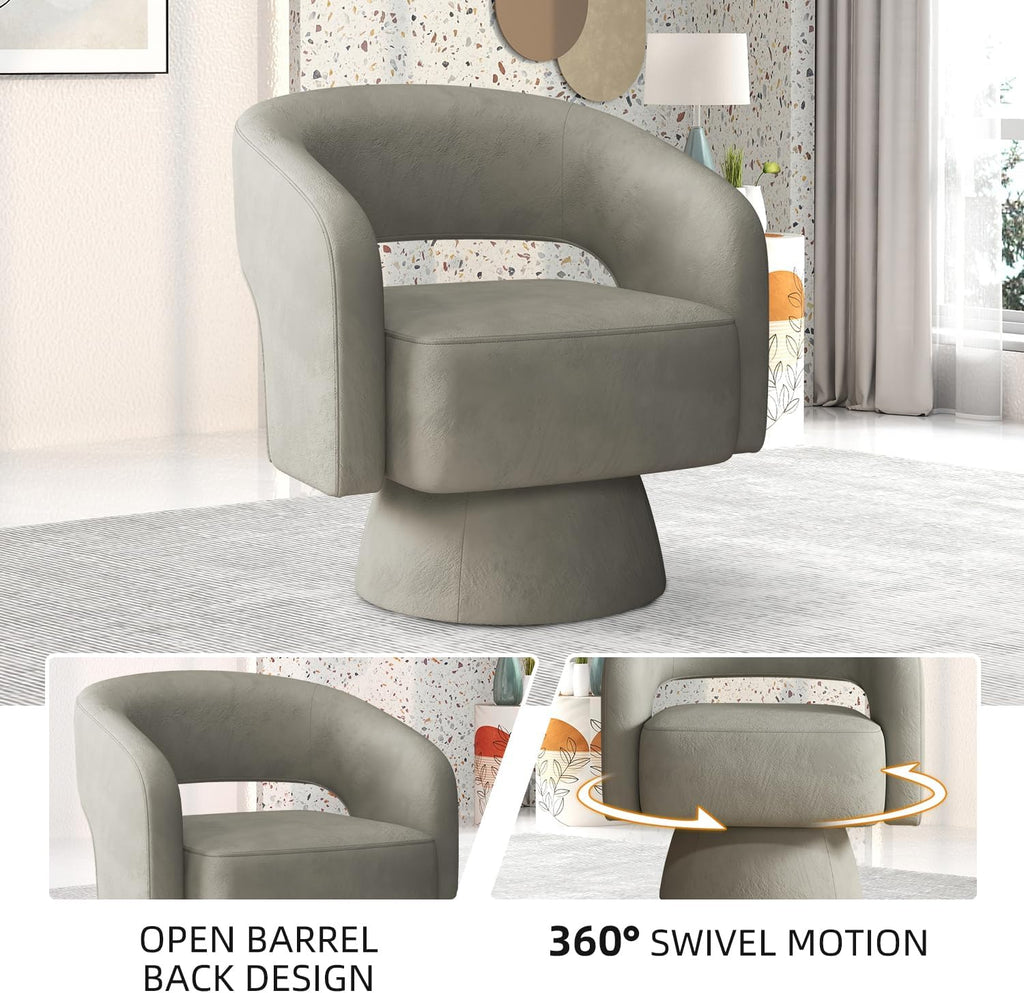 INZOY Swivel Barrel Chair with Velvet Fabric, Swivel Accent Chair with Thickened Soft Cushion, Comfy Round Swivel Chair for Living Room Bedroom, Grey